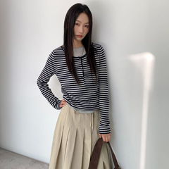 6UP韩系撞色条纹假两件毛衣女2025秋广州13行新款极简百搭50185