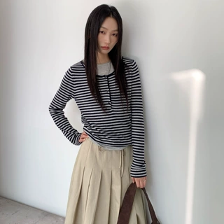 6UP韩系撞色条纹假两件毛衣女2025秋广州13行新款极简百搭50185