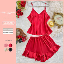 欧美风大码套装女冰丝家居服简约仿真丝薄款睡衣时尚系带休闲睡衣