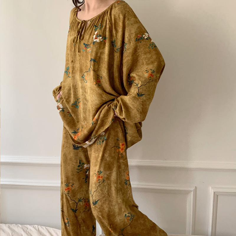 Spring and Summer New Cotton Silk Pajamas Women's Long-sleeved Thin suit Summer Artificial Cotton Breathable Sweat-absorbent Skin-friendly Moon Clothes