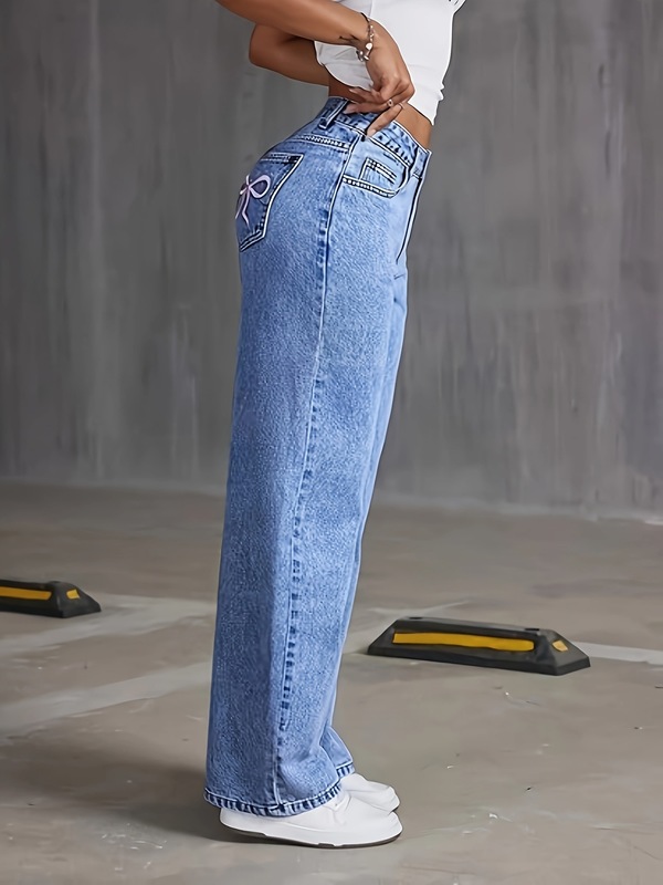 レディース刺繍リボンウォッシュジーンズストレートジーンズクロスボーダー|undefined