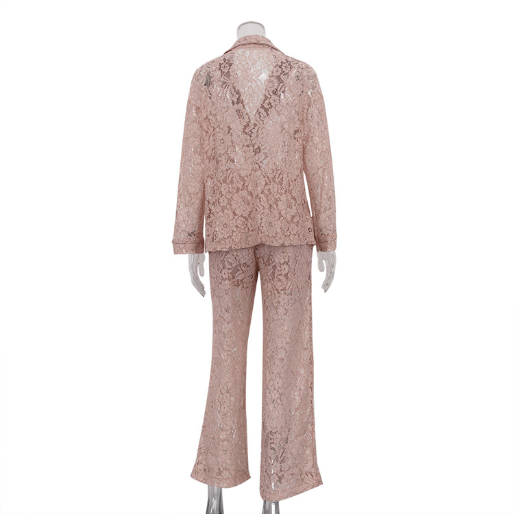 Lace See Through Two Piece Set Women Sexy Sexy Polo Collar Shirt Trousers Suit