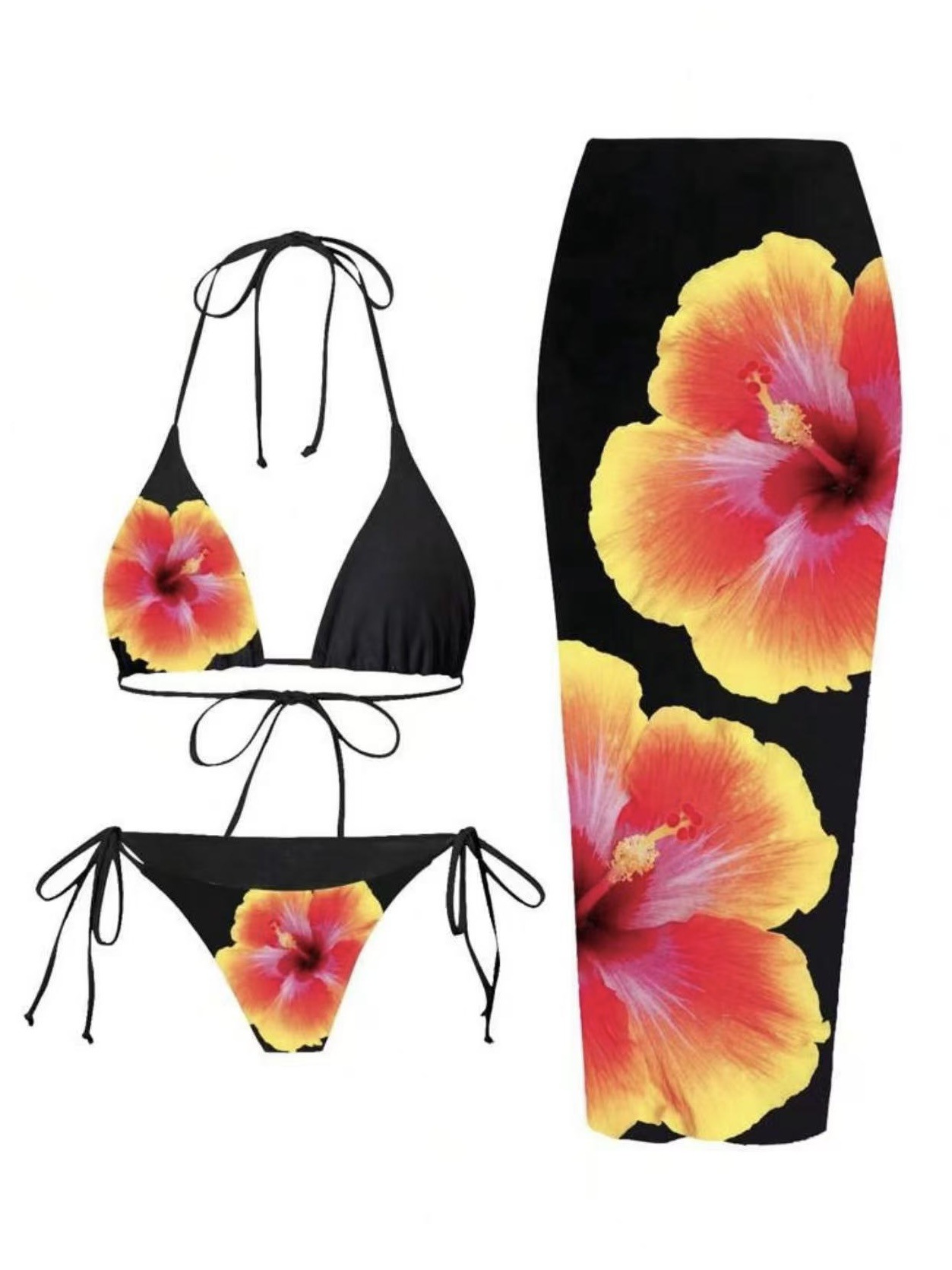Women's Lily Print Three Piece Bikini Set With Wrap Skirt_voghion.com