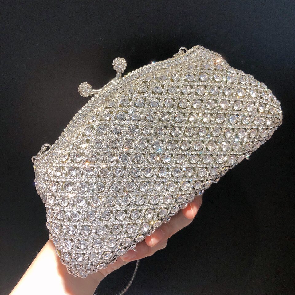 Túi clutch dạ tiệc đính kim cương pha lê tay cầm — Màu vàng