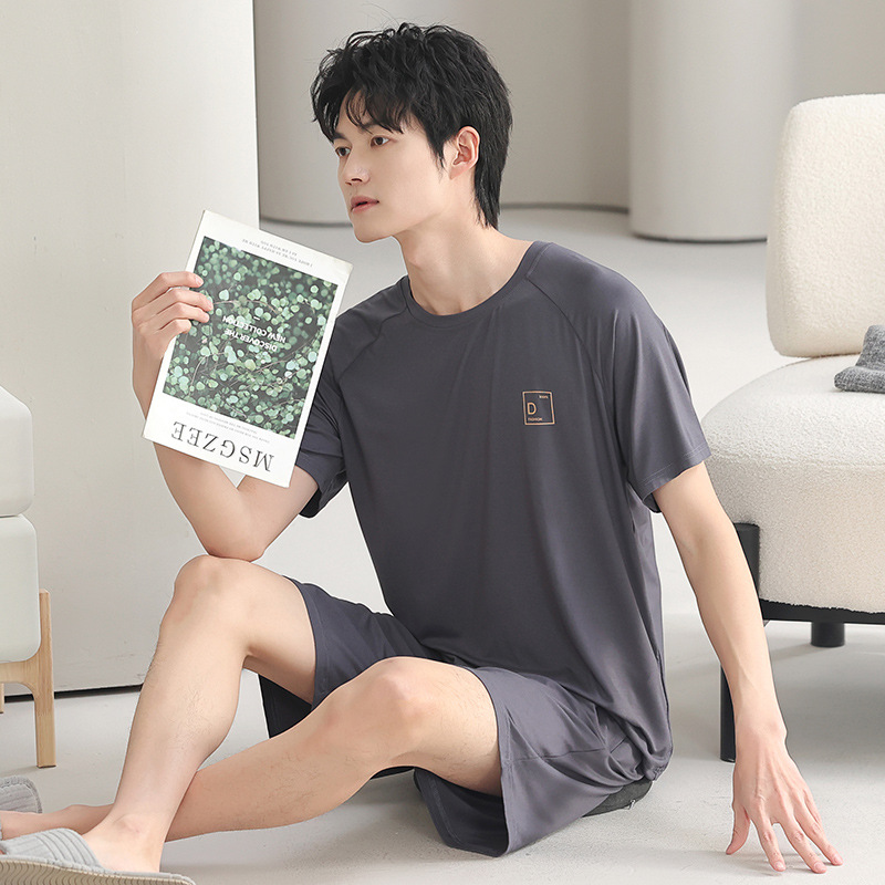 쿨 모달 파자마 남성용 반바지 얇은 남성용 홈 의류 여름 아이스 실크 코튼 느슨한 솔리드 컬러 세트