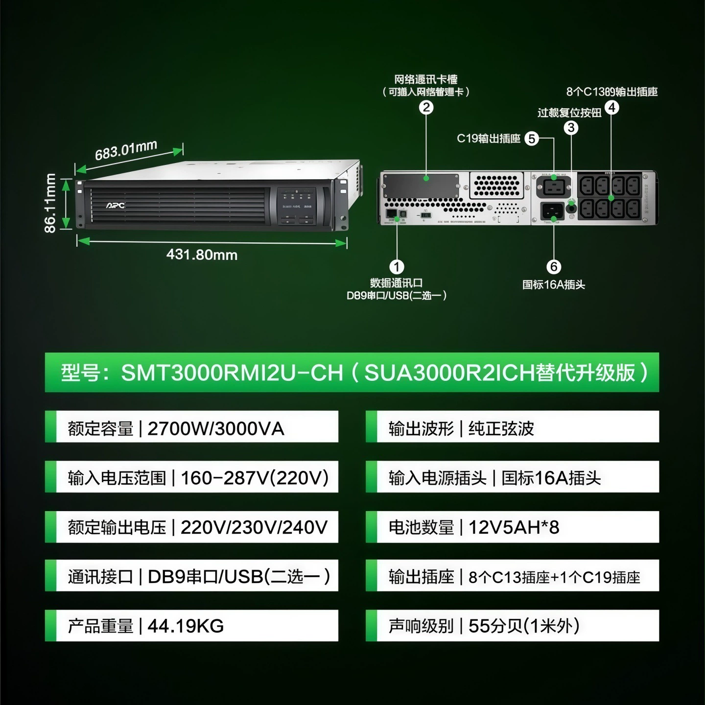 APC Schneider SMT3000RMI2U-CH онлайн интерактивный 2700W стойковый ИБП бесперебойного питания