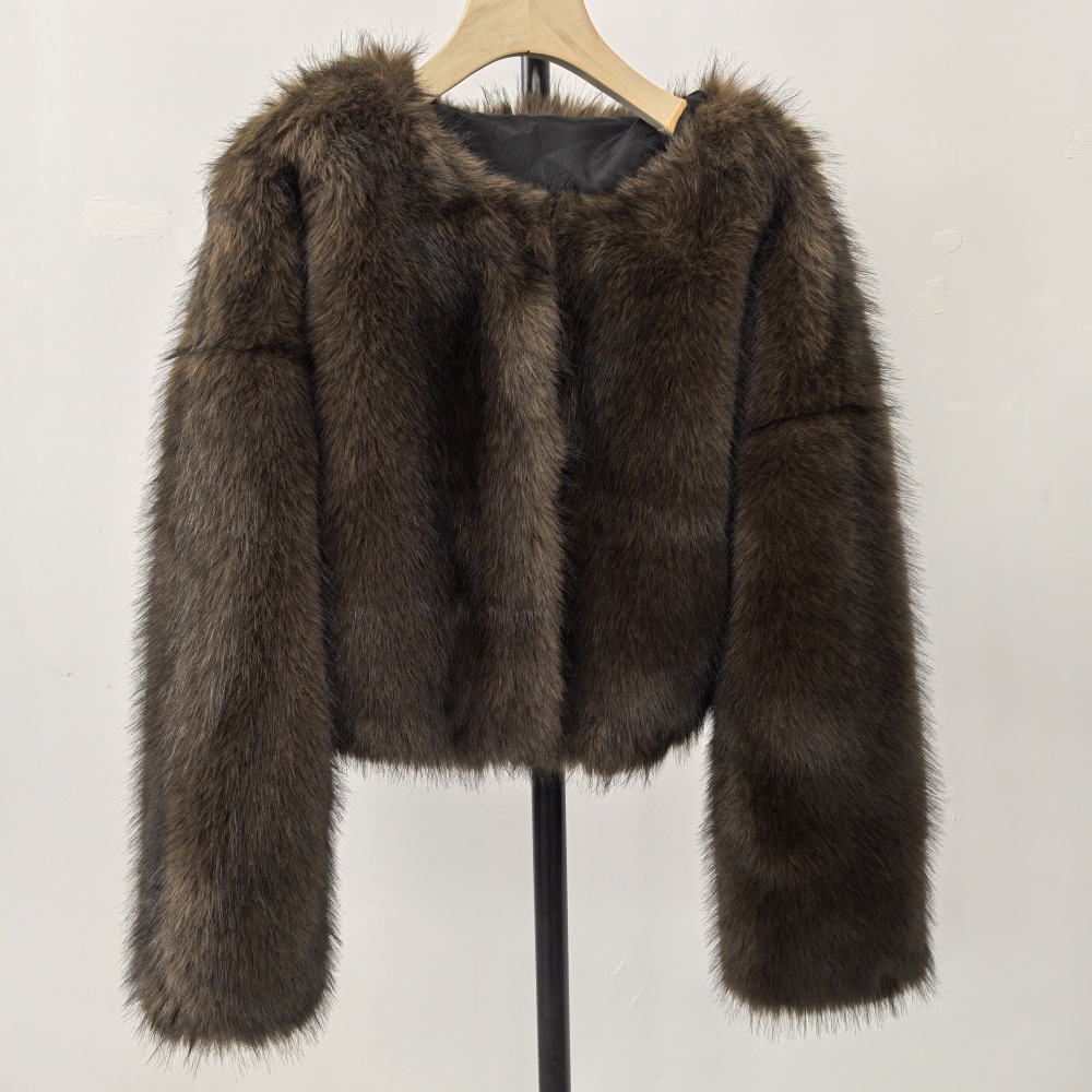 Damenbekleidung, umweltfreundlicher Kunstpelzmantel, kurze Winterjacke, weicher Plüsch, Rundhalsausschnitt, modische Oberbekleidung, benutzerdefinierte Farben (Weiß/Creme, Grau/Creme, Braun)_voghion.com
