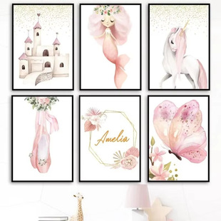 Pink Cartoon Castle Princess Butterfly Dance Shoes Girls Bedroom Gift Canvas Decorative Painting Core Hanging Painting Frameless Poster