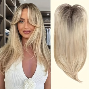 European and American Cross-Border Chemical Fiber Hair Block with Figure-Eight Bangs, Gradient Brown Long Straight Hair, Invisible Traceless Hair Replacement Block, Top Wig for Women