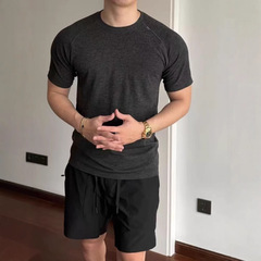 美式无缝lulu同款银线mvt纯色速干训练健身显大T恤短