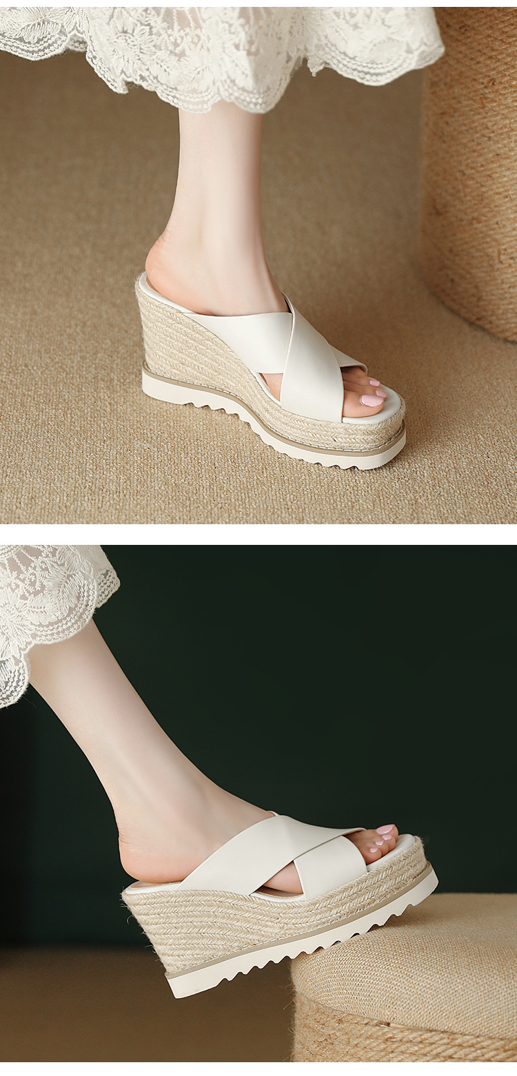 Sandal cao gót nữ đế xuồng đan rơm hở mũi quai chéo bản to — màu trắng ngà, bạc chi tiết 5