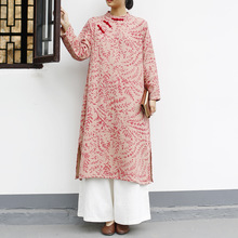 2562喜墨原创民族风复古立领印花女装连衣裙秋季手工盘扣宽松旗袍