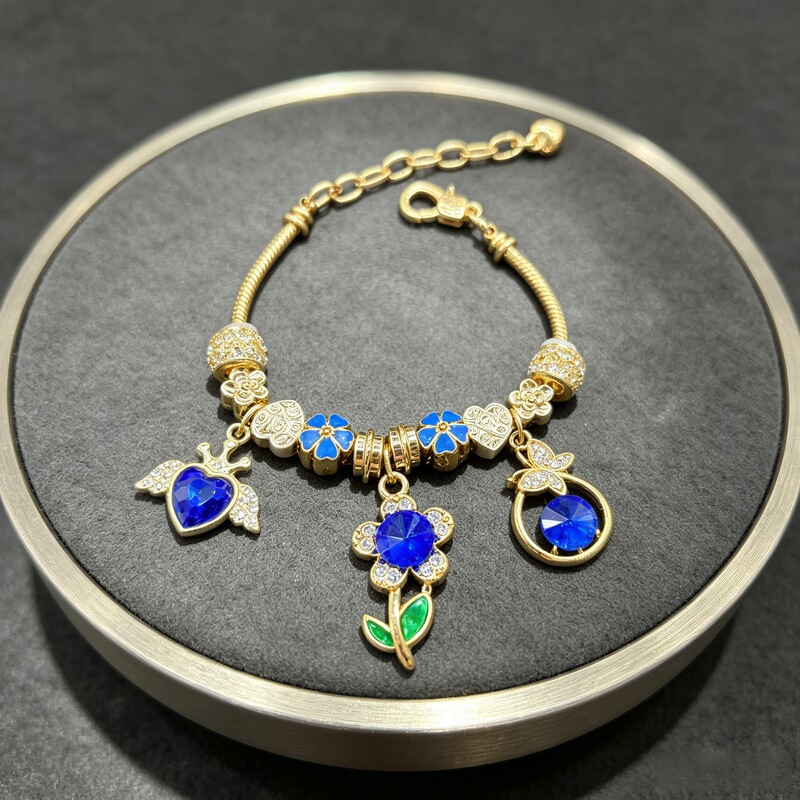 Panjia Bracelet Cross-Border Bestseller DIY Bangle with Blue Rhinestones, Crown, Wings, Heart, Flower, Butterfly Fashion Jewelry