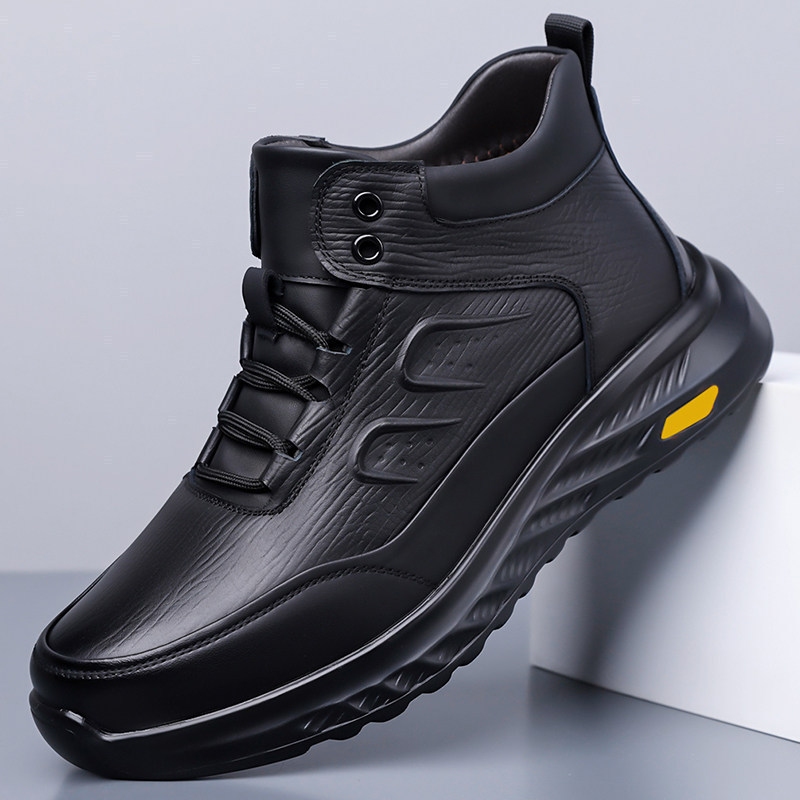 Wave-Patterned Men's High-Top Genuine Leather Sports Casual Shoes, Black, Fleece-Lined, Warm, Non-Slip, Outdoor Hiking Shoes, Trekking Shoes Wave-Patterned Men's High-Top Genuine Leather Sports Casual Shoes, Black, Fleece-Lined, Warm, Non-Slip, Outdoor Hiking Shoes, Trekking Shoes