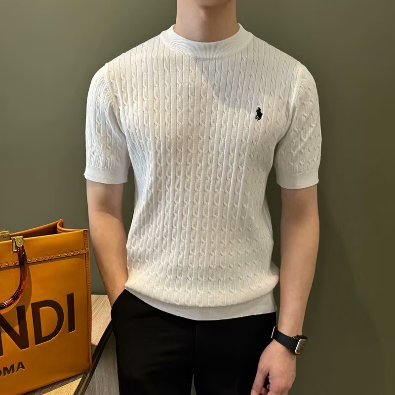 Prendas de punto de manga corta torta para hombre, negocios británicos, delgado, color sólido, cuello redondo, camisa de fondo, seda de hielo, comercio exterior de verano, venta al por mayor transfronteriza