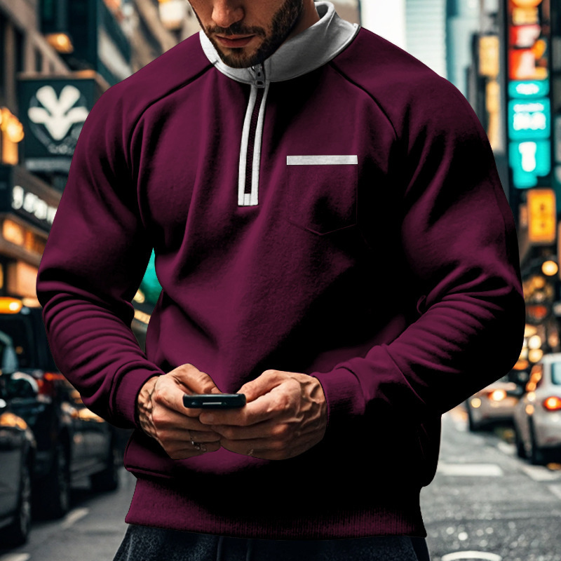 Sweat-shirt d'hiver en velours pour homme, col montant, demi-fermeture éclair, décontracté, épais, couleur assortie, poche, ample, décontracté, lourd_voghion.com