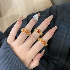 跨境小紅書同款開口戒指金色菱形鑲鑽食指戒中古宮廷風澄鑽指環女