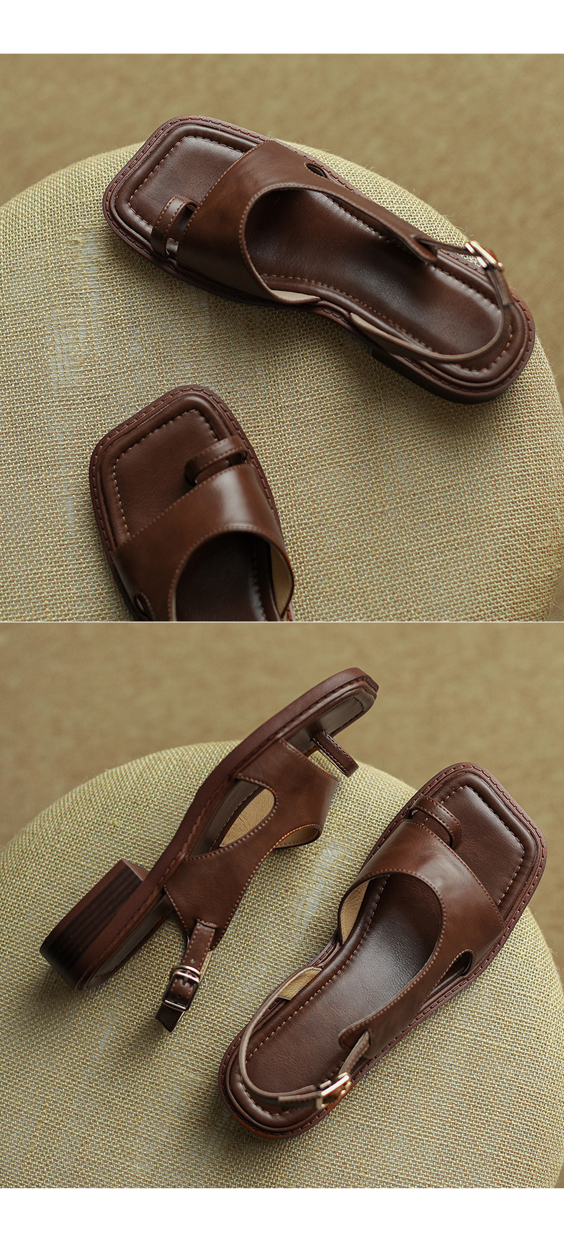 Sandal nữ xỏ ngón cổ điển đế bệt hở mũi — Màu nâu chi tiết 14