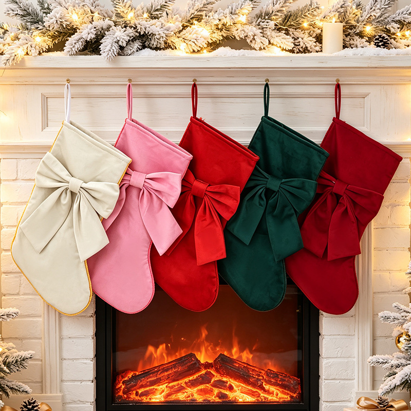 Cross-border Christmas decorations, Christmas stockings, bow gift bags, fireplace pendants, velvet candy bags, home decorations