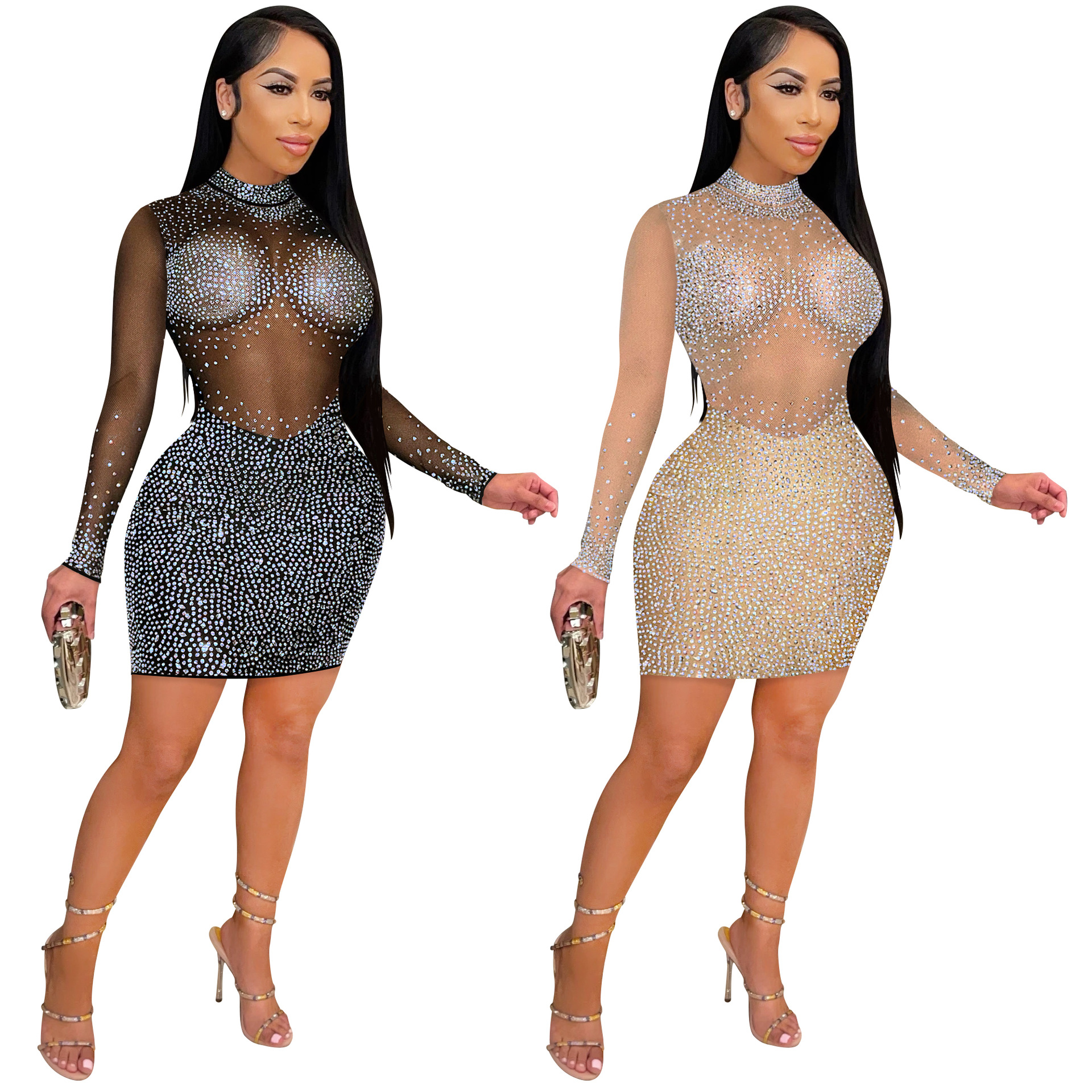 C5890 Aliexpress transfronterizo Amazon Europa y América de moda sexy club nocturno caliente de malla de perforación transparente vestido de manga larga