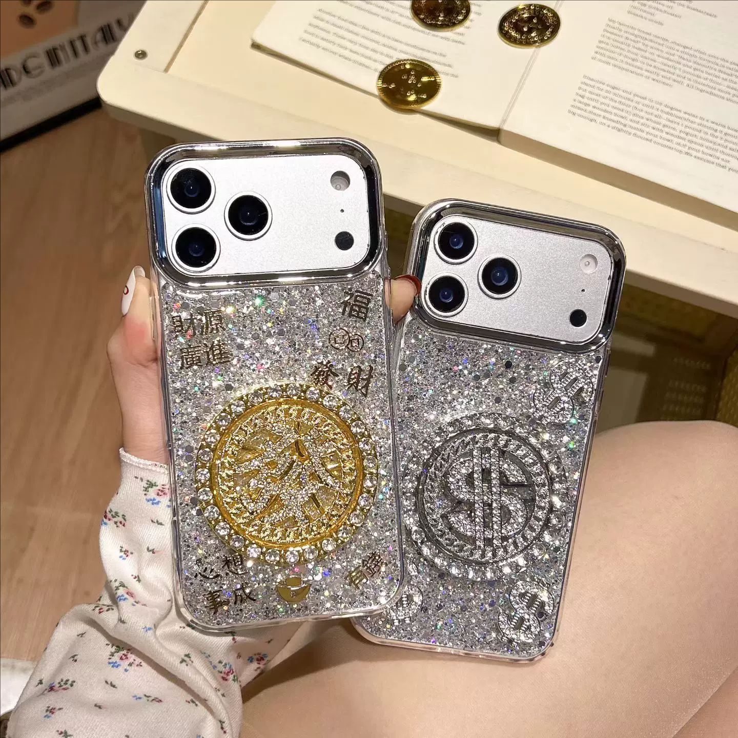 适用苹果18promax手机壳iphone17滴胶闪粉转盘美元发财16pro新款X - 1