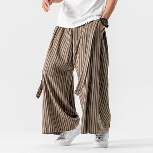 Summer new plus size Japanese retro cotton and linen striped pants straight tube new Chinese ribbon wide leg pants a generation of hair