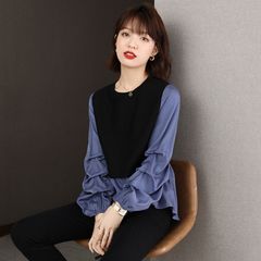 2025春秋新款宽松洋气收褶长袖卫衣女拼接假两件减龄韩版打底上衣