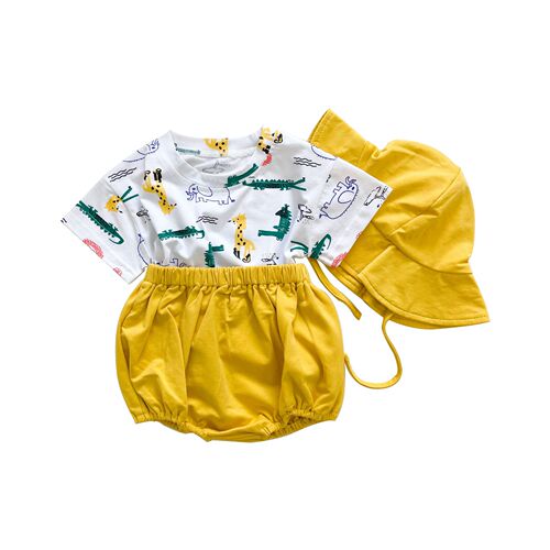 0-3 years old baby set with hat  summer Korean version animal print baby and children short-sleeved triangle shorts set