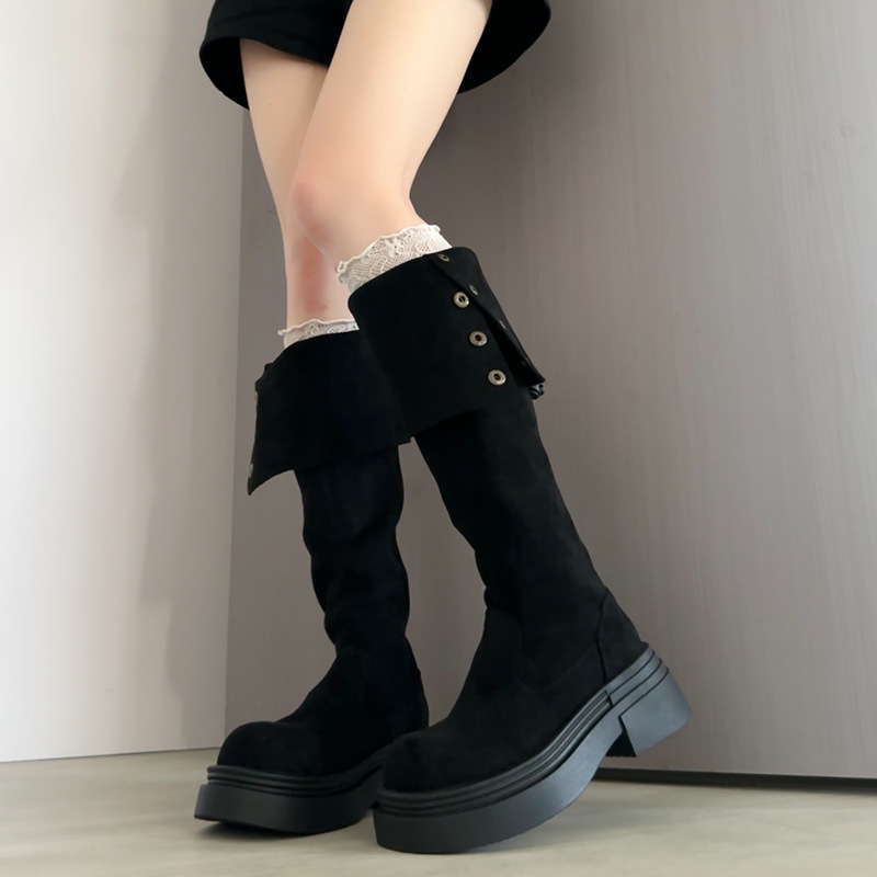 厚底长筒靴女2025新款秋冬季不过膝绒面长靴女款显瘦高筒骑士靴子|undefined