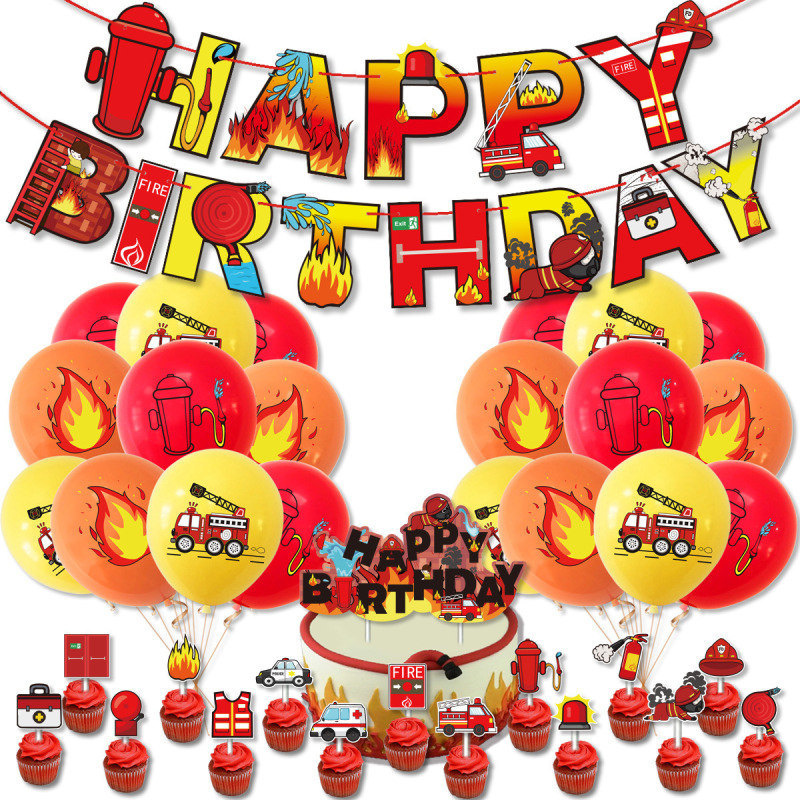 消防主题派对派对装饰 生日字母拉旗横幅 消防车蛋糕插牌布置用品|undefined