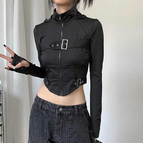 Slimming Top with Stand Collar, Chic & Cool Base Layer for Spring/Summer—Women's Design, Fitted Fit, Asymmetrical Style, Featuring a Metal Zipper and Secure Buckle
