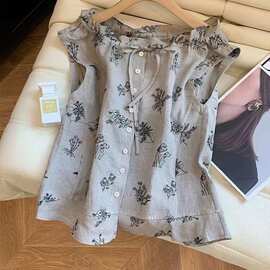 复古刺绣耳边系带背心衬衫女夏荷叶小衫宽松无袖上衣图片色露肩