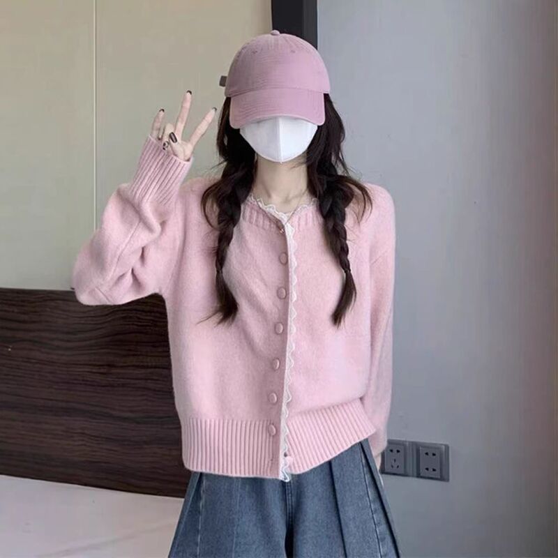 法式蕾丝花边开衫女时尚单排扣温柔宽松甜美针织毛衣春秋外套上衣|undefined