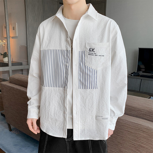 Men's Long-Sleeve Shirt for Spring and Autumn | Instagram-Fashion Brand Workwear Style | Autumn Edition Cool & Edgy Patchwork Blouse Top + Outerwear