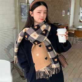 高品质双面爱心格子围巾女秋冬时尚韩版保暖加厚百搭围脖披肩两用