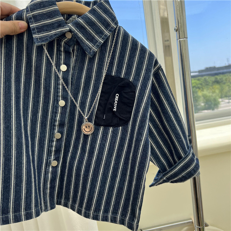 23 Îmbrăcăminte coreeană pentru copii, produs nou de toamnă, cămașă pentru băieți și fete, cu dungi verticale, rever, casual, din denim gros, exterior_voghion.com