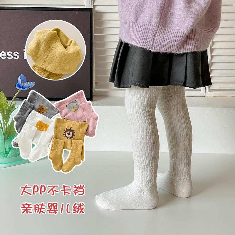 Autumn and Winter Style Leggings with Thin Fleece for 6-12 Month Old Baby Girls, Large Bottom Cartoon One-Piece Socks for Children, Girls' Tights