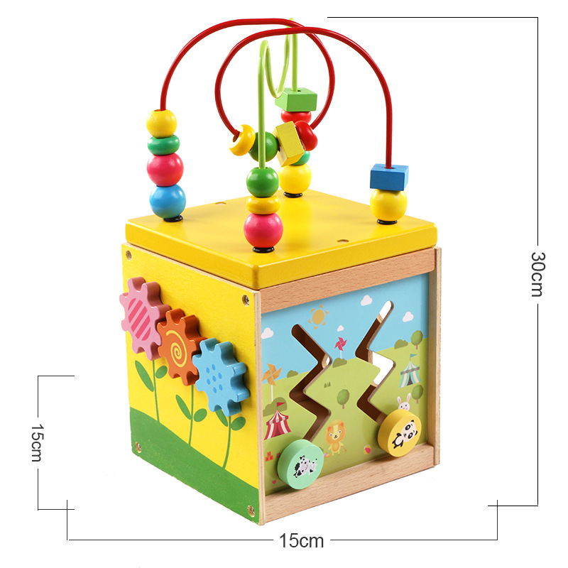 Caja de juguetes multifuncional con cuentas 5 en 1 mini forma cognitiva caja de tesoros de madera para niños bebés y niños pequeños