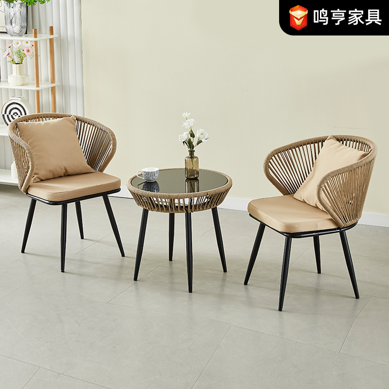 Courtyard Leisure Rattan Chair with Backrest, Dining Terrace Balcony Outdoor Chair, Small Garden Cafe Combination Table and Chairs
