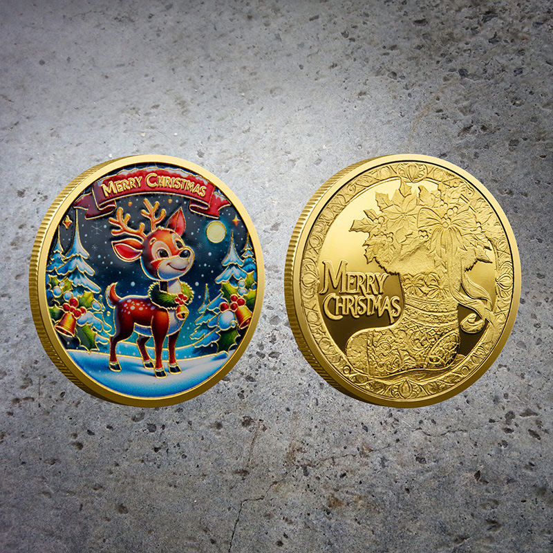 Export Christmas Medal European American Santa Claus Sleigh Lucky Deer Colored Souvenir Coin Decision Game Coin