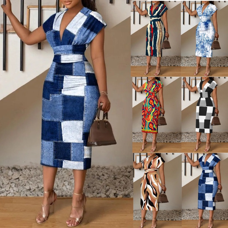 2024秋季新款 跨境女装 亚马逊速卖通印花V领长裙高腰包臀 连衣裙