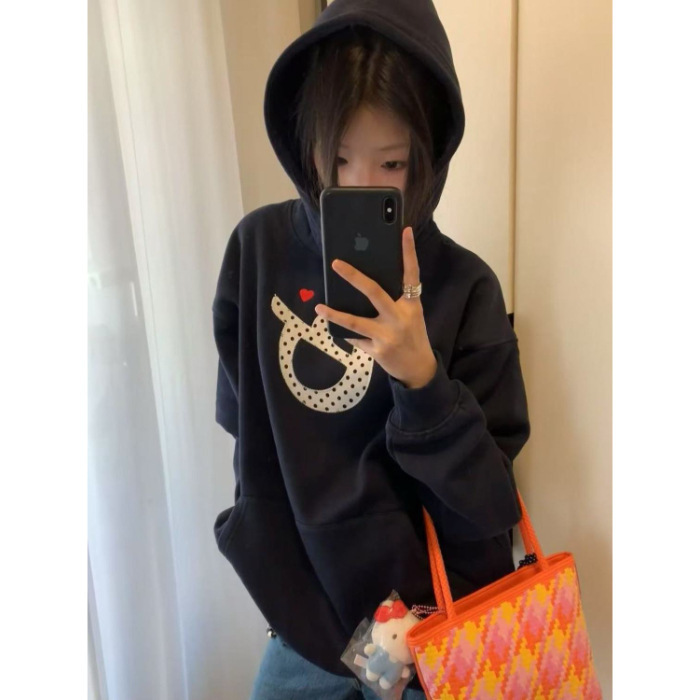美式复古波点字母刺绣连帽卫衣女秋冬学院风宽松百搭藏青色上衣潮|undefined