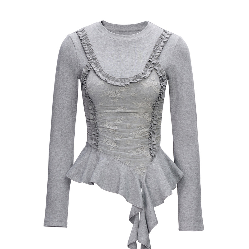 2026 Spring Super Stylish Lace Patchwork Round Neck Long Sleeve T-Shirt for Women, New Waist-Cinching Ruffle Top 2026 Spring Super Stylish Lace Patchwork Round Neck Long Sleeve T-Shirt for Women, New Waist-Cinching Ruffle Top