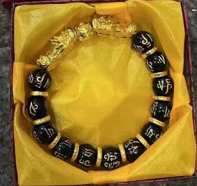 Imitación obsidiana pulsera chapada en oro mantra de seis palabras que preservan el color pulsera de cuentas de oro joyería de la suerte para los hombres