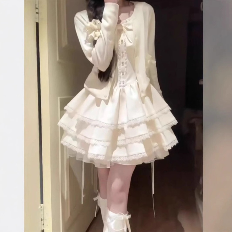 小柄な人向けの夏の純粋な欲望の高級サスペンダーケーキドレス+アプリコットカーディガン日焼け止め2点セット|undefined