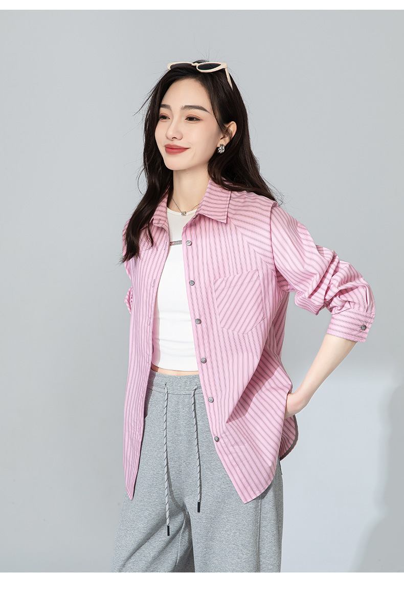Áo sơ mi nữ dài tay phong cách vintage Pháp họa tiết sọc hồng, form rộng thoải mái — bột chi tiết 25