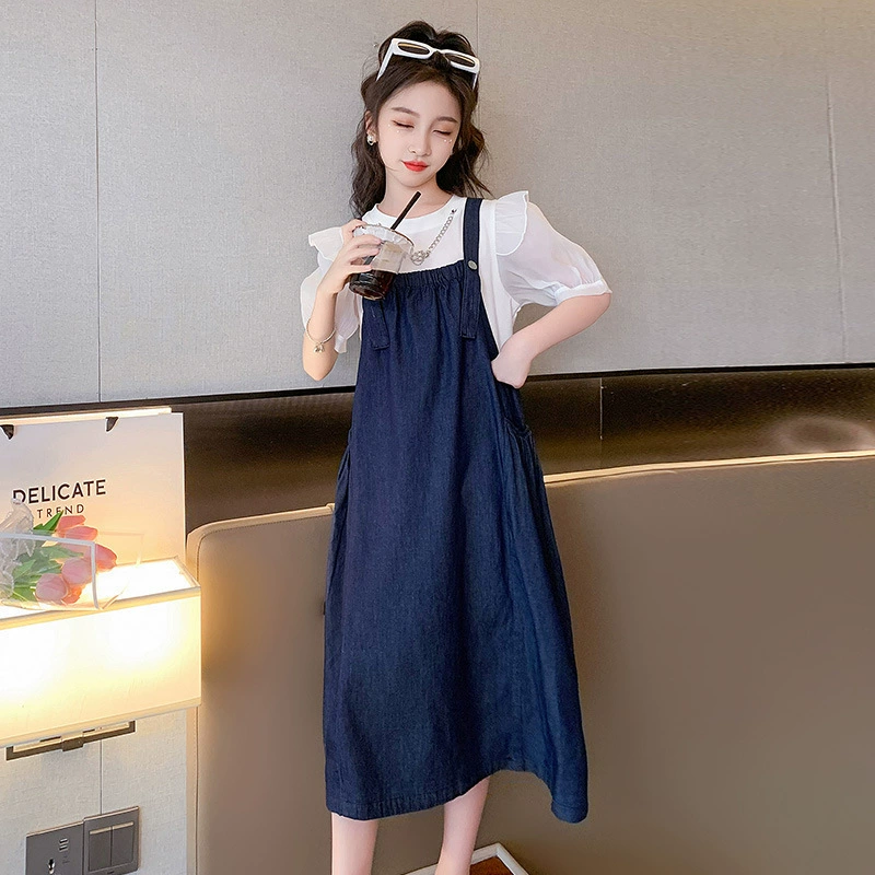 Summer children's set, thin shiffon denim summer dress for leisure for princess, for teenagers