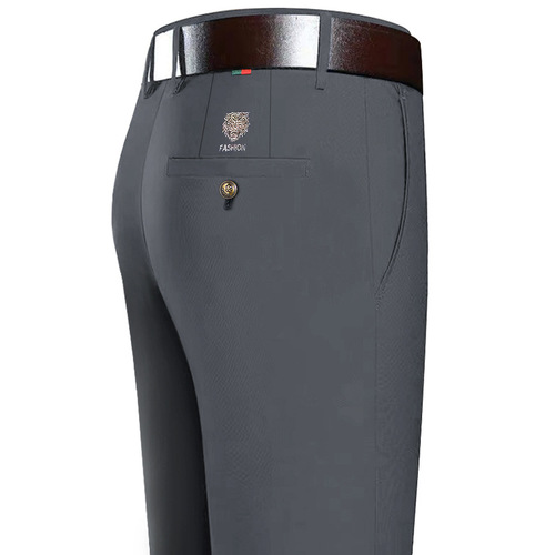 Men's straight-leg casual pants, autumn/winter thick straight-leg middle-aged loose ice silk elastic business pants