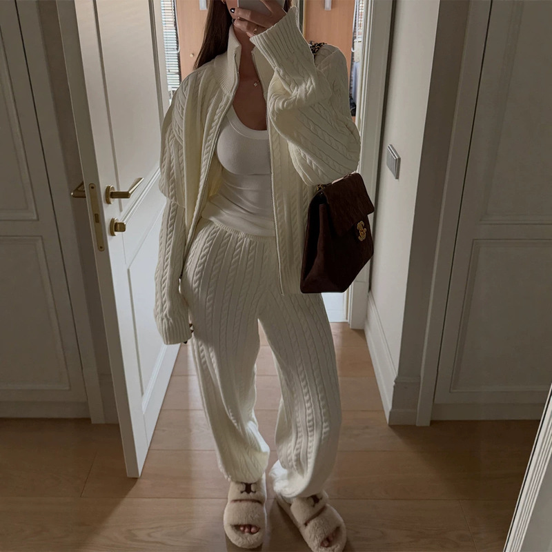 Cross-Border European and American 2026 Autumn and Winter New Women's Casual Twist-Knit Stand-Collar Zip-Up Sweater Cardigan and Long Pants Two-Piece Set