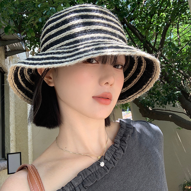 韩系复古条纹渔夫帽女夏季透气显脸小遮阳防晒出游海边沙滩草帽子|undefined